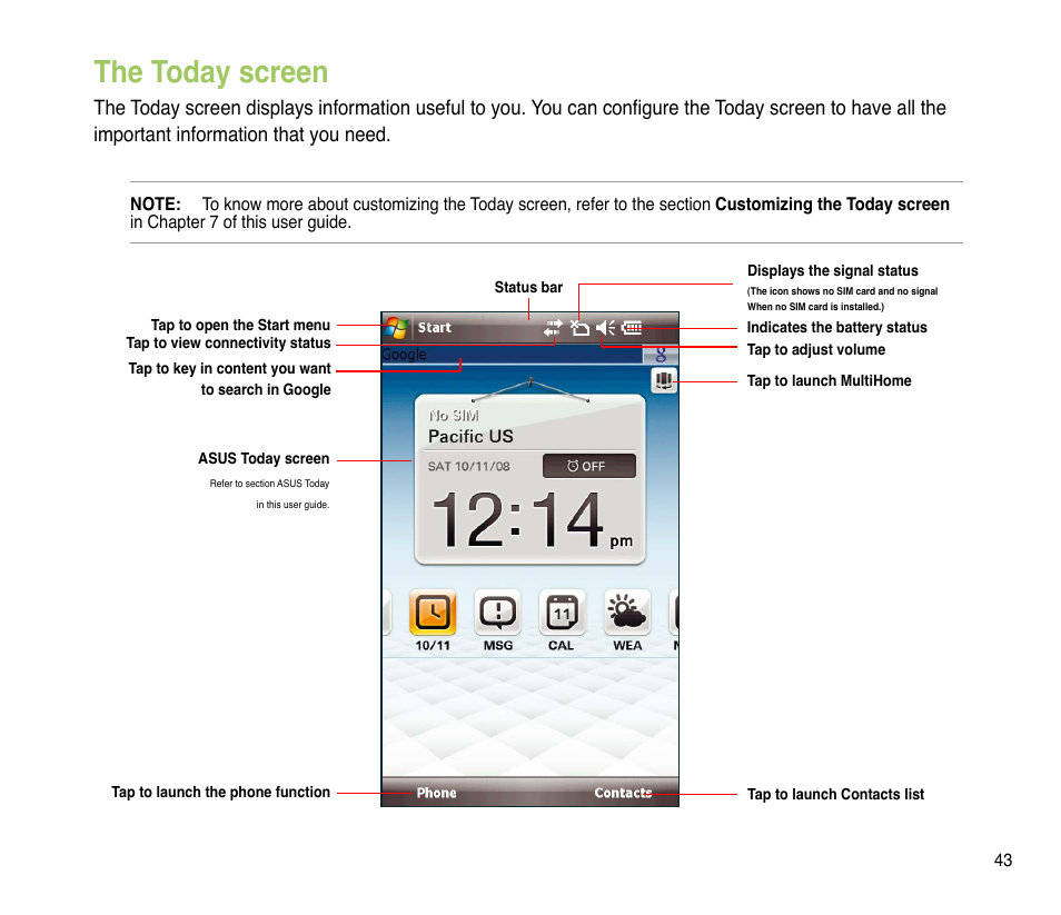 The today screen | Asus P835 User Manual | Page 43 / 201