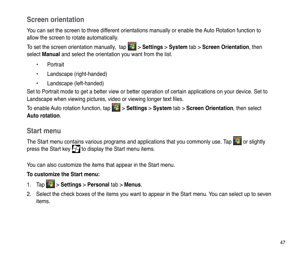 Start menu, Screen orientation | Asus P835 User Manual | Page 47 / 201