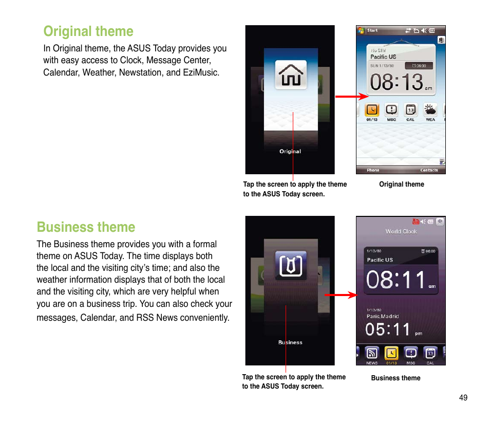 Original theme, Business theme, Original theme business theme | Asus P835 User Manual | Page 49 / 201