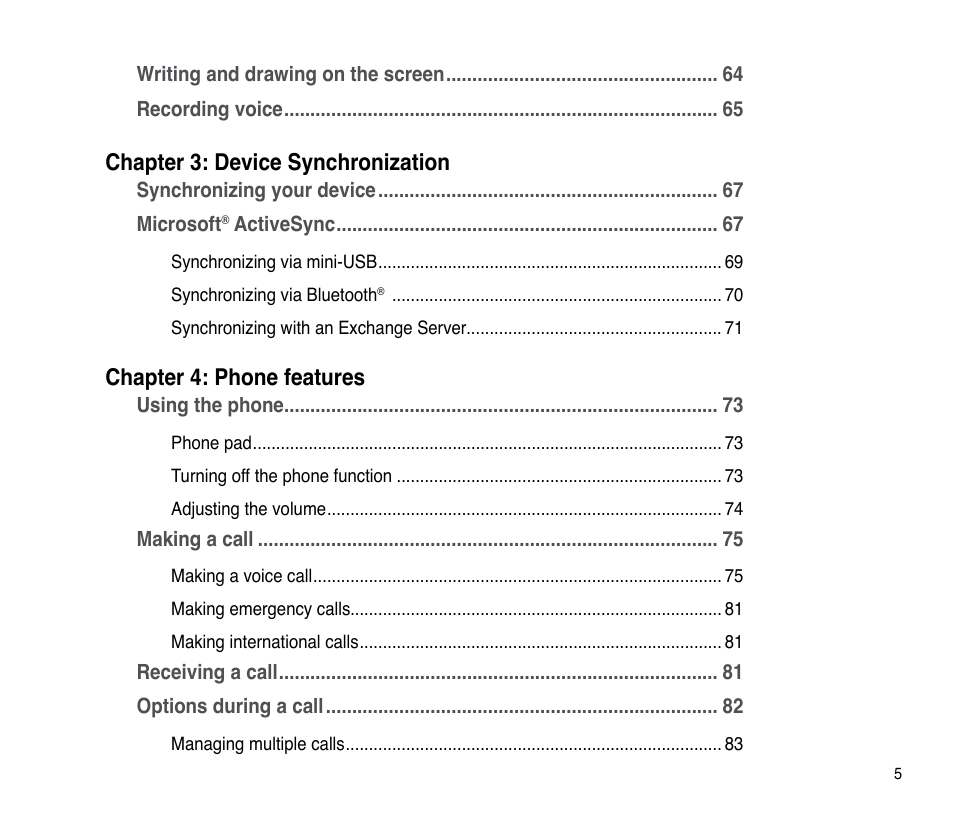 Chapter 3: device synchronization, Chapter 4: phone features | Asus P835 User Manual | Page 5 / 201