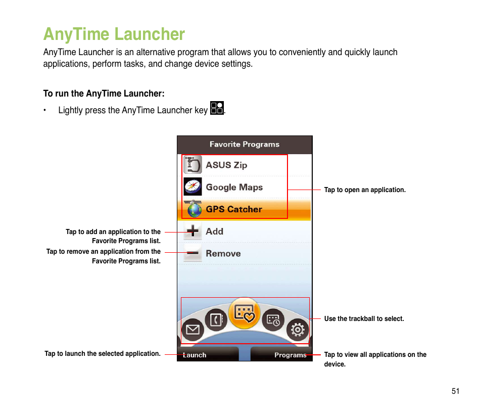 Anytime launcher | Asus P835 User Manual | Page 51 / 201