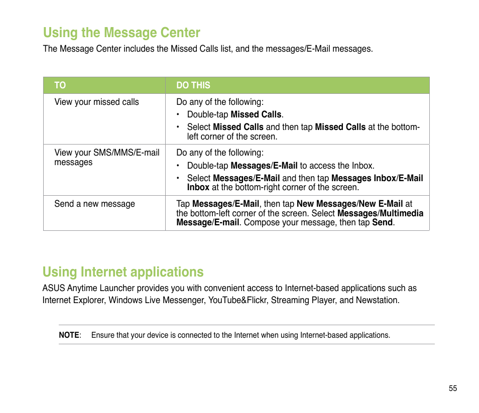 Using the message center, Using internet applications | Asus P835 User Manual | Page 55 / 201