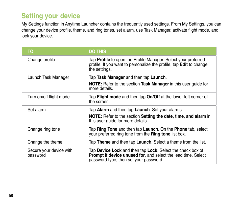 Setting your device | Asus P835 User Manual | Page 58 / 201