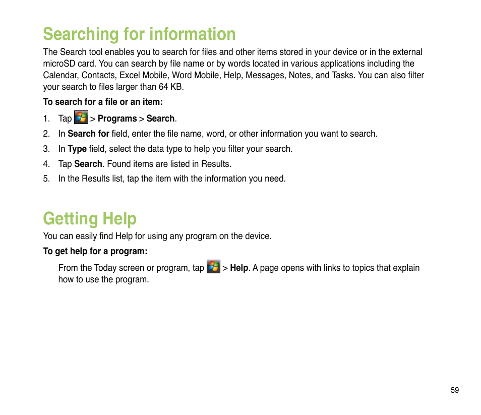 Searching for information, Getting help, Searching for information getting help | Asus P835 User Manual | Page 59 / 201