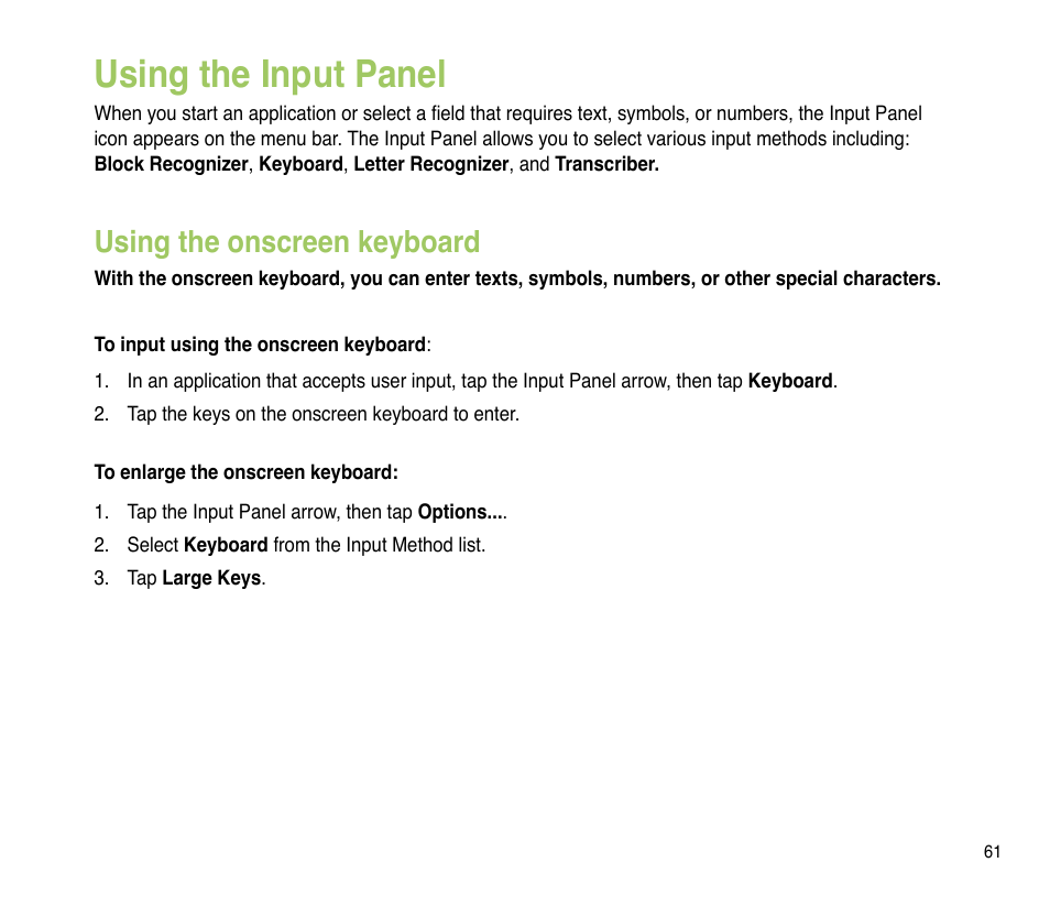 Using the input panel, Using the onscreen keyboard | Asus P835 User Manual | Page 61 / 201