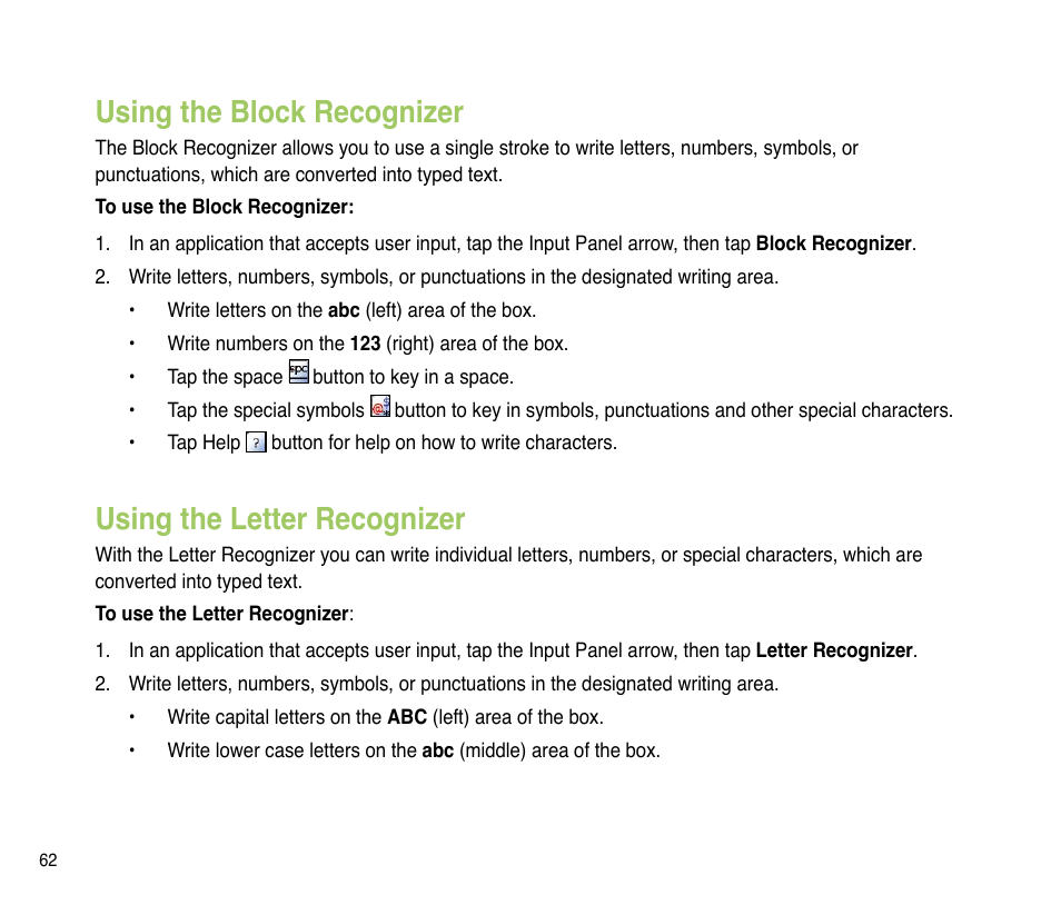 Using the block recognizer, Using the letter recognizer | Asus P835 User Manual | Page 62 / 201