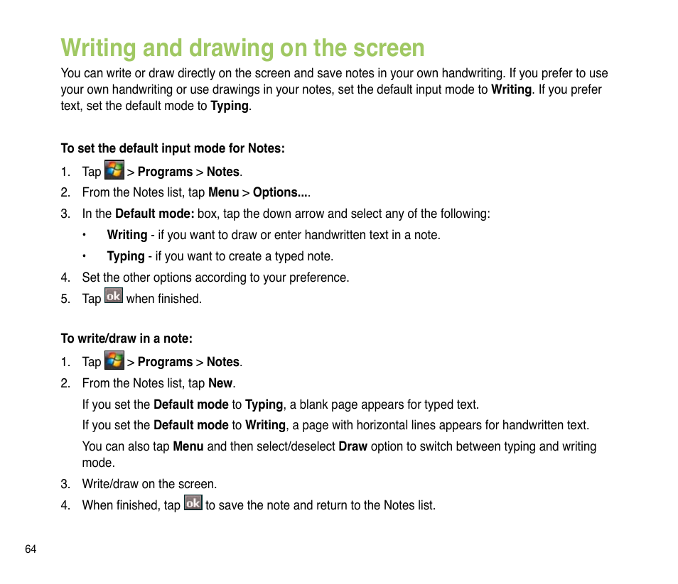 Writing and drawing on the screen | Asus P835 User Manual | Page 64 / 201