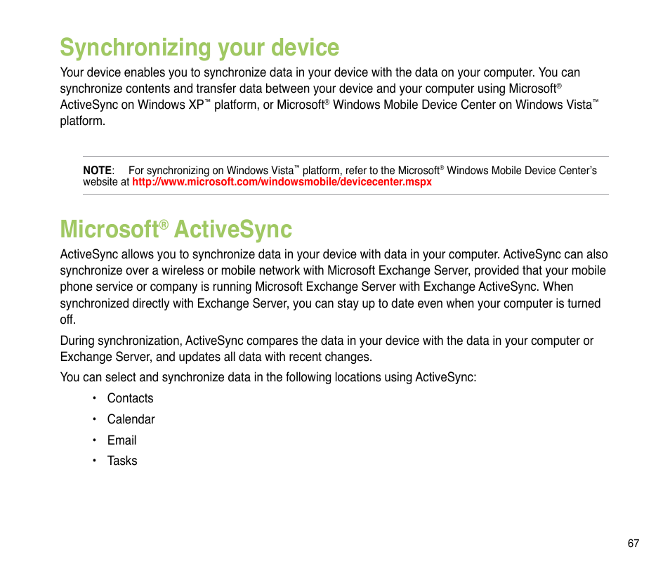 Synchronizing your device, Microsoft® activesync, Synchronizing your device microsoft | Activesync, Microsoft | Asus P835 User Manual | Page 67 / 201