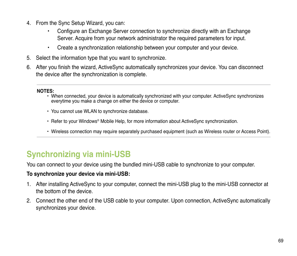 Synchronizing via mini-usb | Asus P835 User Manual | Page 69 / 201