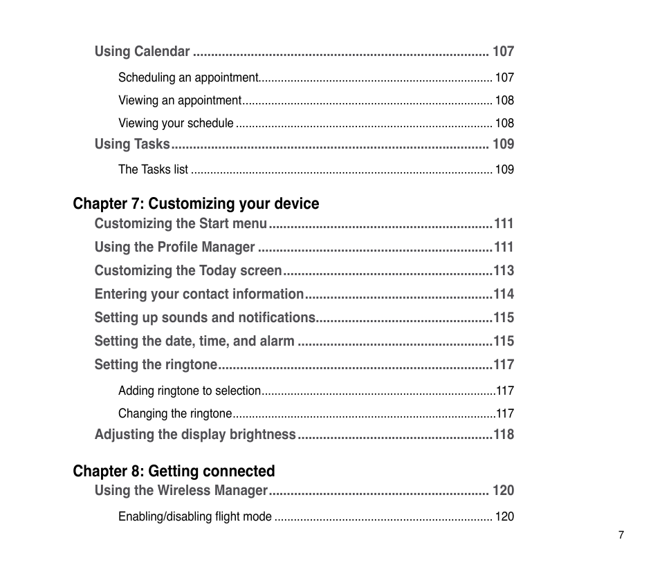 Chapter 7: customizing your device, Chapter 8: getting connected | Asus P835 User Manual | Page 7 / 201