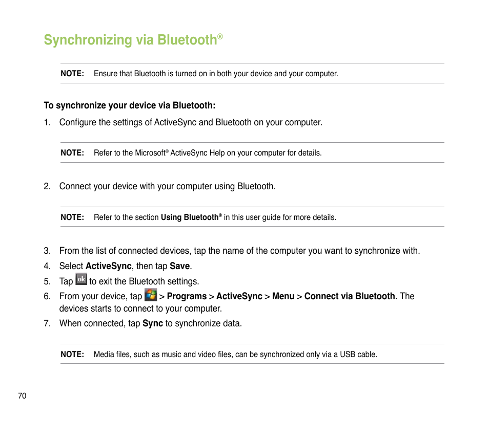 Synchronizing via bluetooth | Asus P835 User Manual | Page 70 / 201