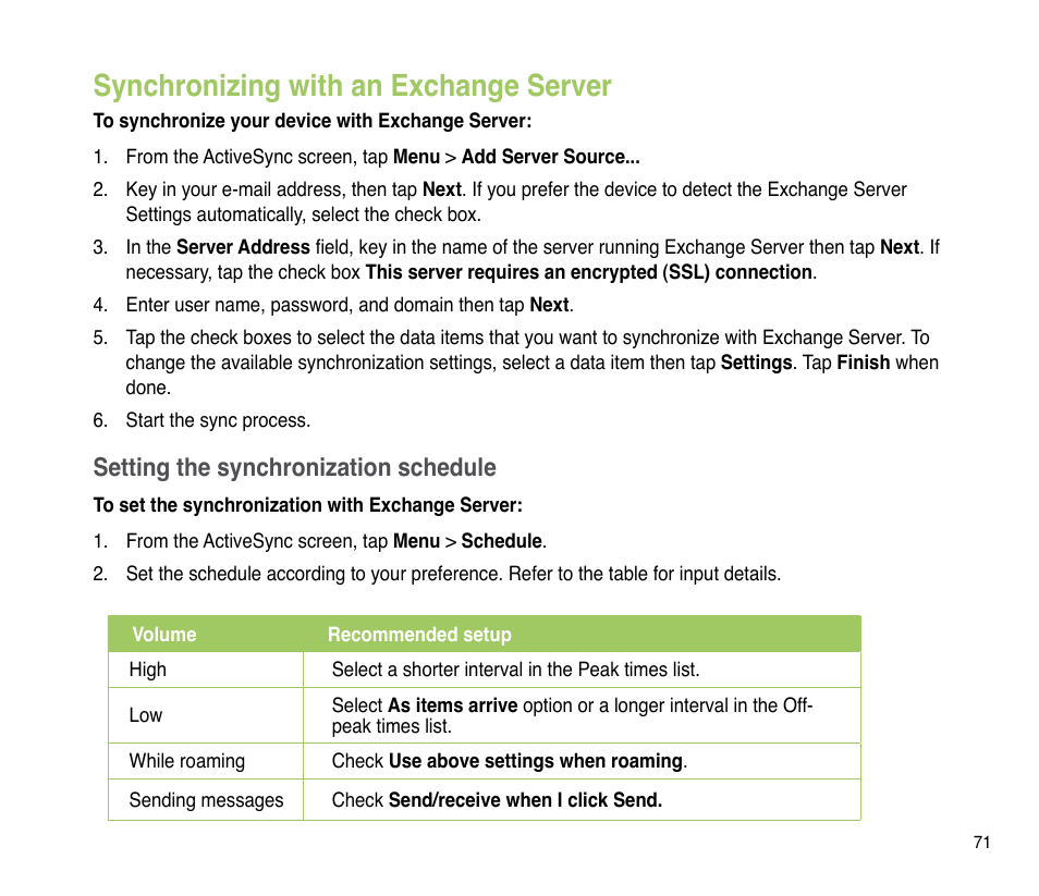 Synchronizing with an exchange server, Setting the synchronization schedule | Asus P835 User Manual | Page 71 / 201
