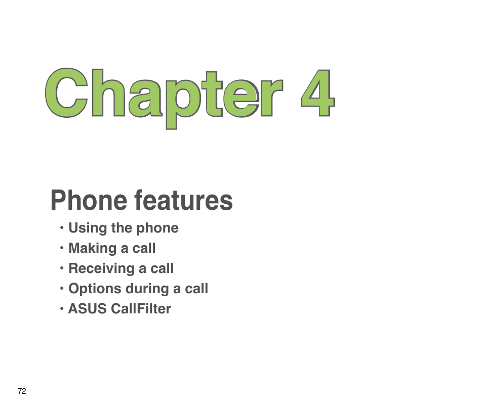 Chapter 4: phone features, Chapter 4 | Asus P835 User Manual | Page 72 / 201