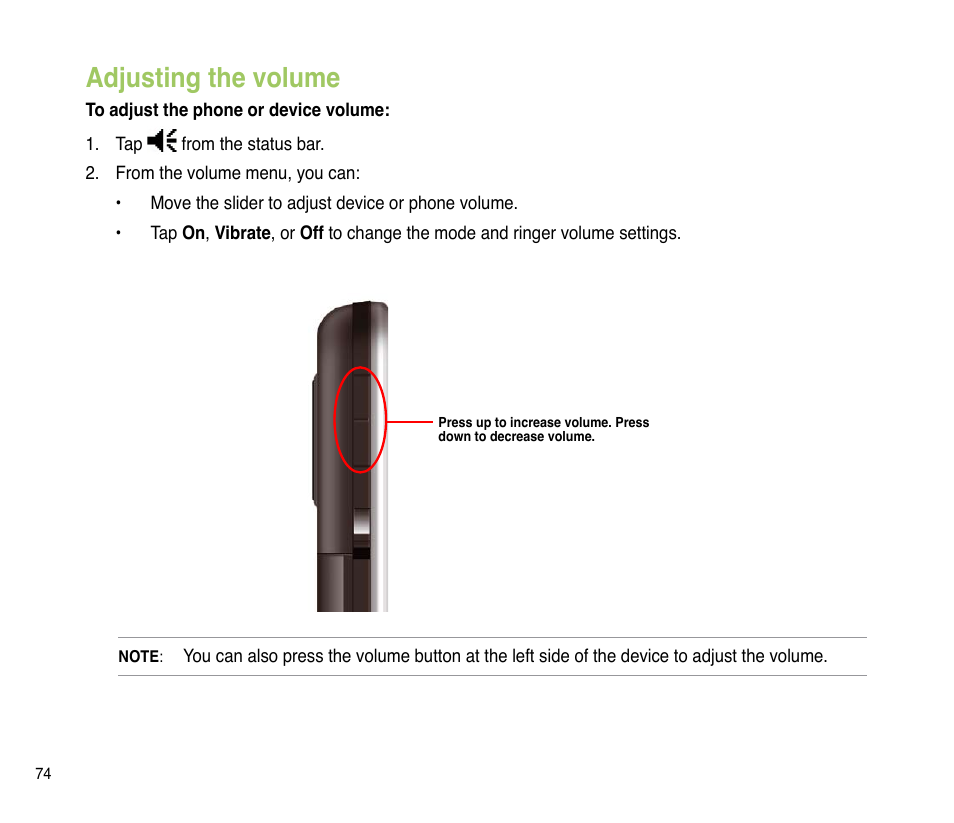 Adjusting the volume | Asus P835 User Manual | Page 74 / 201