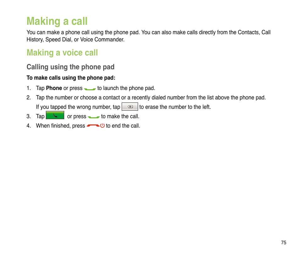 Making a call, Making a voice call | Asus P835 User Manual | Page 75 / 201