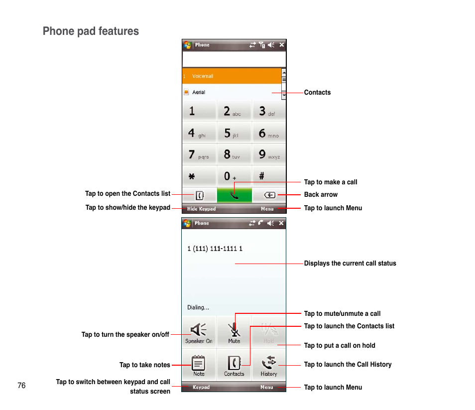 Phone pad features | Asus P835 User Manual | Page 76 / 201