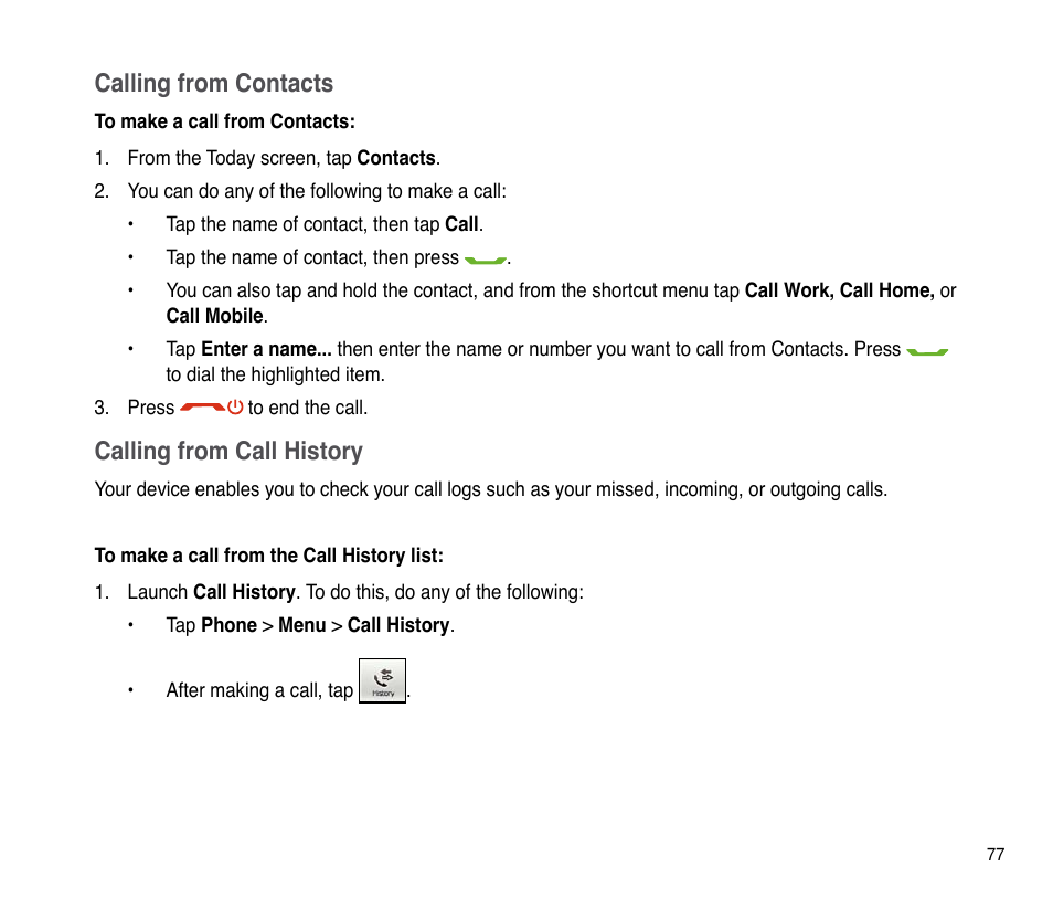 Calling from contacts, Calling from call history | Asus P835 User Manual | Page 77 / 201