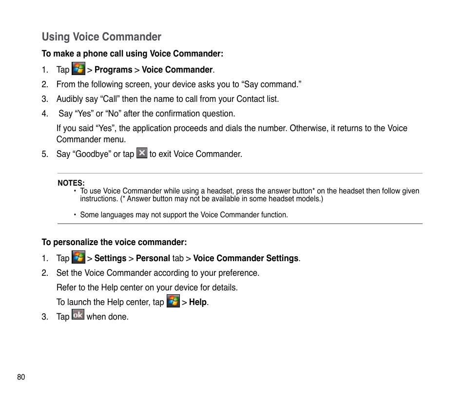 Using voice commander | Asus P835 User Manual | Page 80 / 201