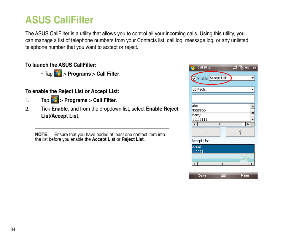 Asus callfilter | Asus P835 User Manual | Page 84 / 201