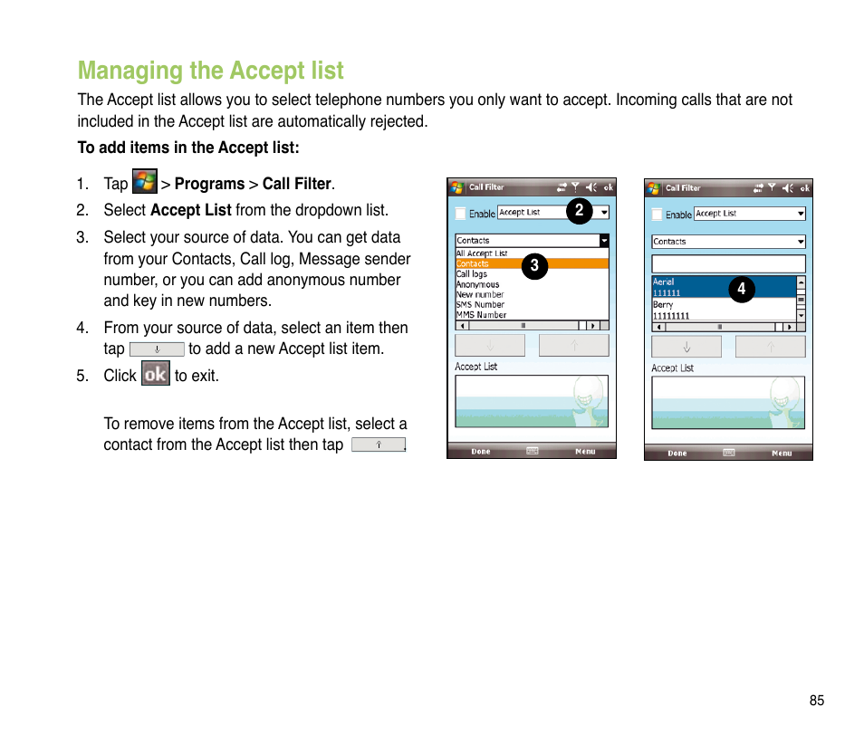 Managing the accept list | Asus P835 User Manual | Page 85 / 201