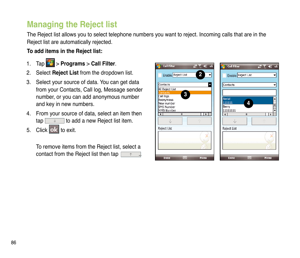 Managing the reject list | Asus P835 User Manual | Page 86 / 201