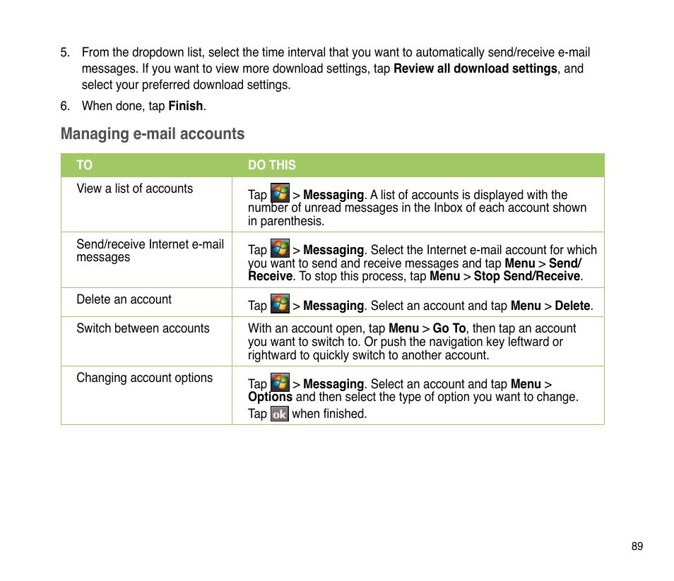 Managing e-mail accounts | Asus P835 User Manual | Page 89 / 201