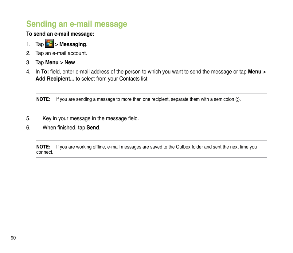 Sending an e-mail message | Asus P835 User Manual | Page 90 / 201