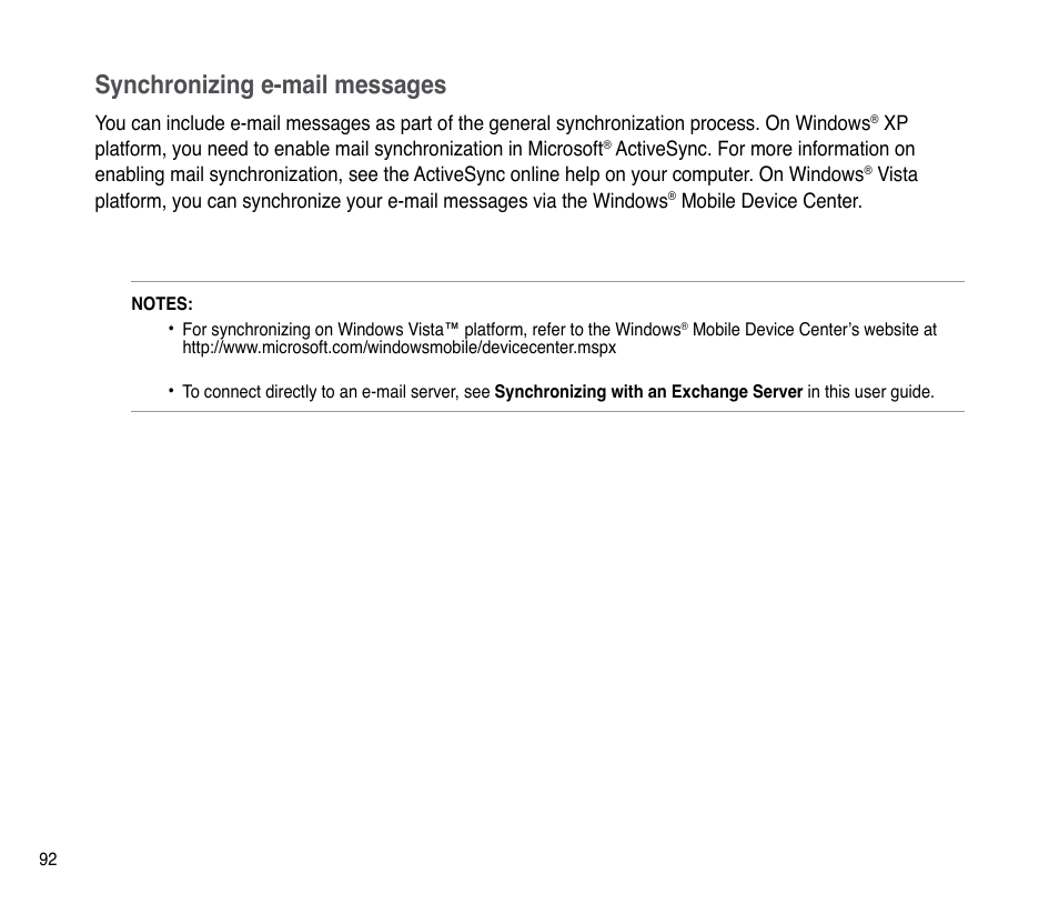 Synchronizing e-mail messages | Asus P835 User Manual | Page 92 / 201