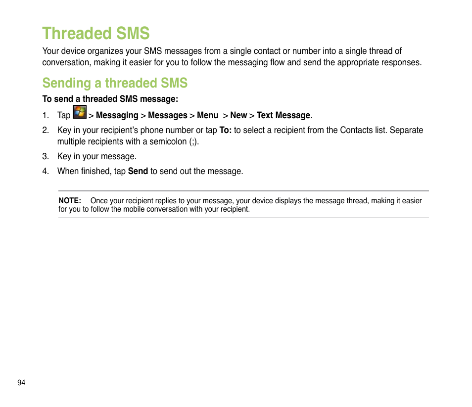 Threaded sms, Sending a threaded sms | Asus P835 User Manual | Page 94 / 201