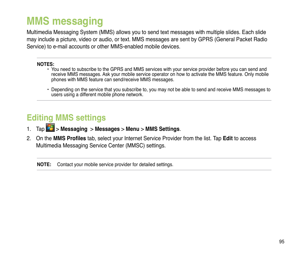 Mms messaging, Editing mms settings | Asus P835 User Manual | Page 95 / 201