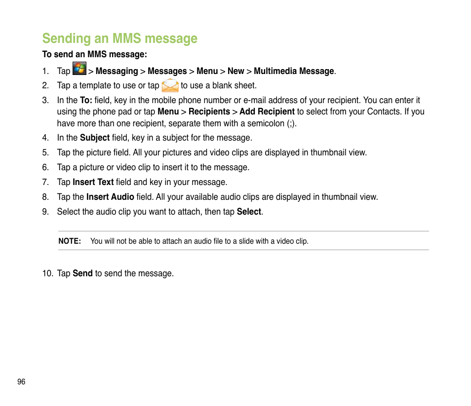 Sending an mms message | Asus P835 User Manual | Page 96 / 201