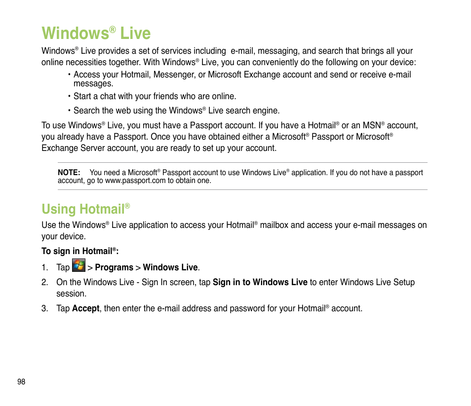 Windows® live, Using hotmail, Windows | Live | Asus P835 User Manual | Page 98 / 201