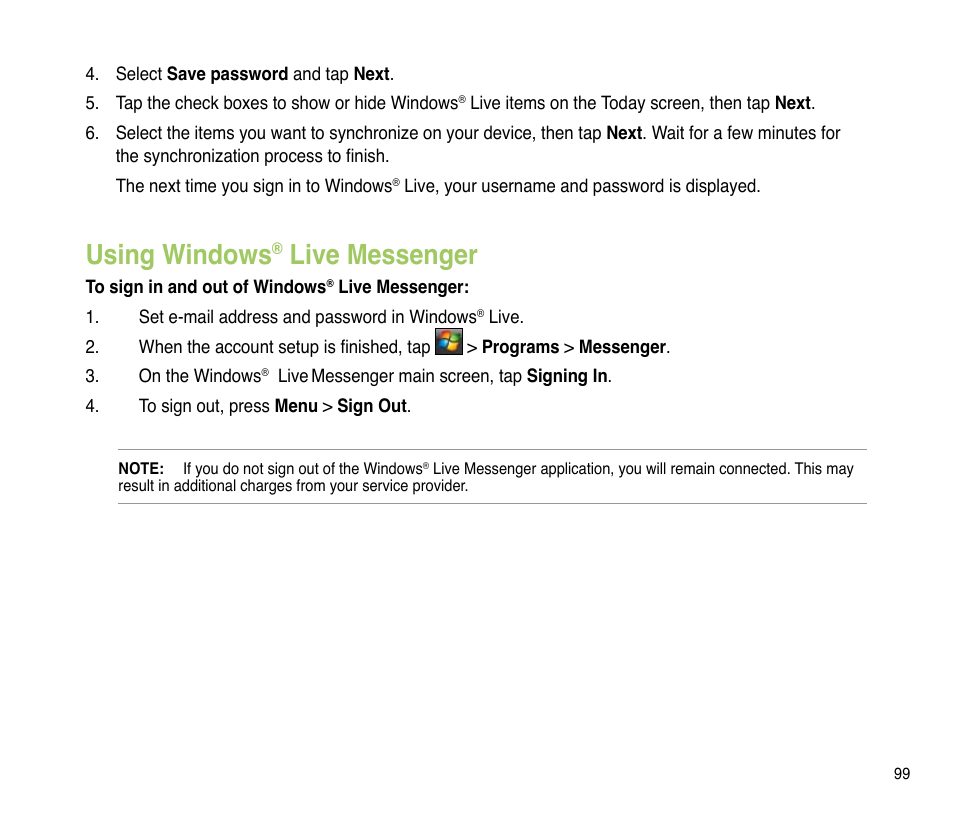 Using windows® live messenger, Using windows, Live messenger | Asus P835 User Manual | Page 99 / 201