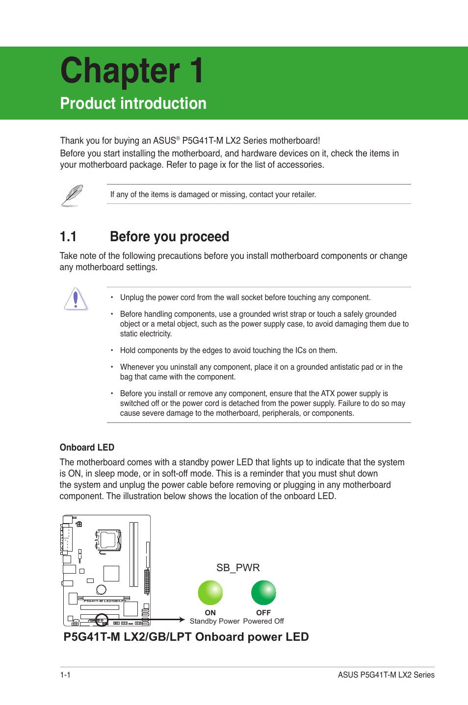 Chapter 1: product introduction, 1 before you proceed, Product introduction | Before you proceed -1, Chapter 1, P5g41t-m lx2/gb/lpt onboard power led | Asus P5G41T-M LX2 User Manual | Page 10 / 40