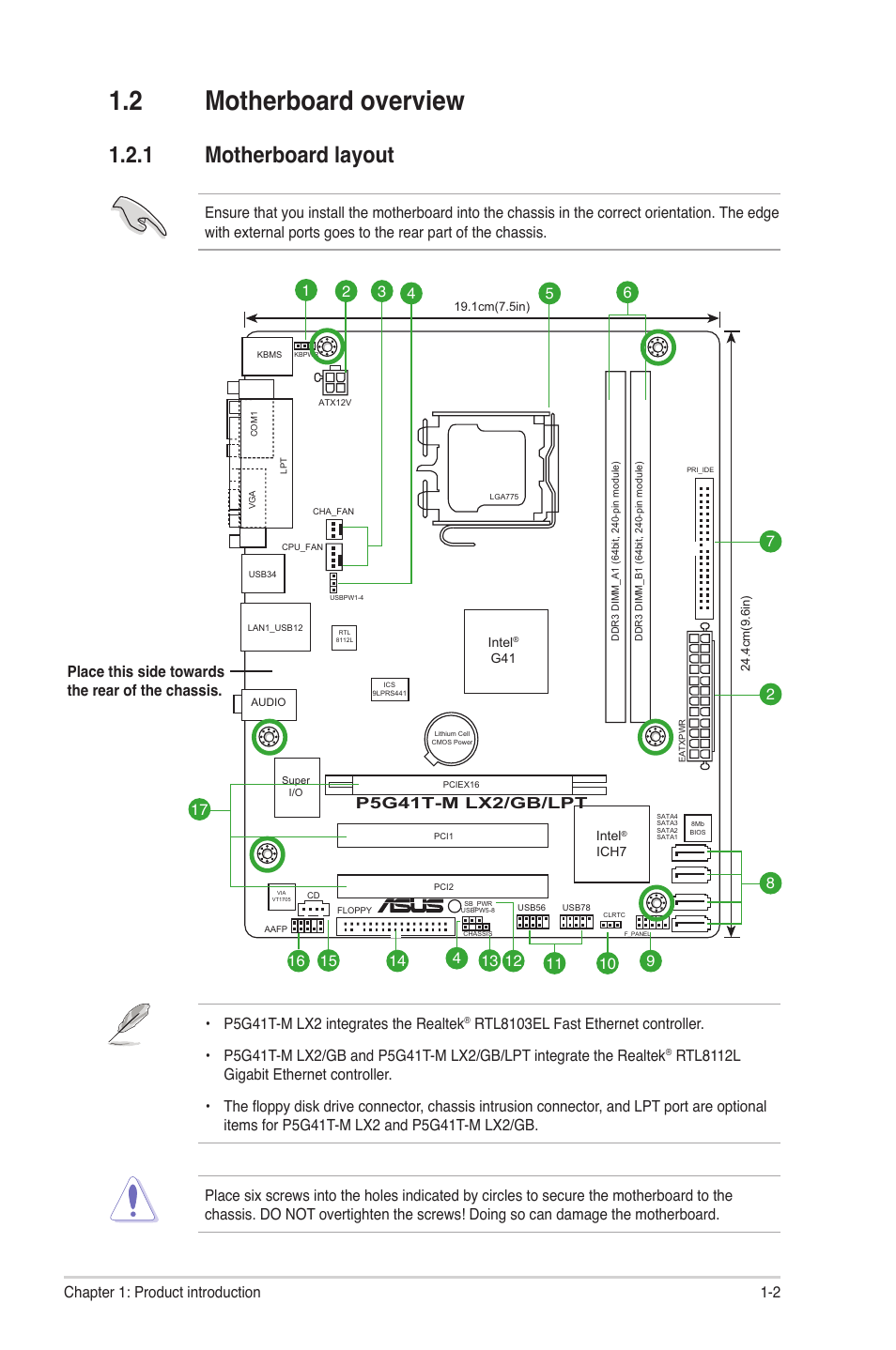 2 motherboard overview, 1 motherboard layout, Motherboard overview -2 1.2.1 | Motherboard layout -2, 2 chapter 1: product introduction | Asus P5G41T-M LX2 User Manual | Page 11 / 40