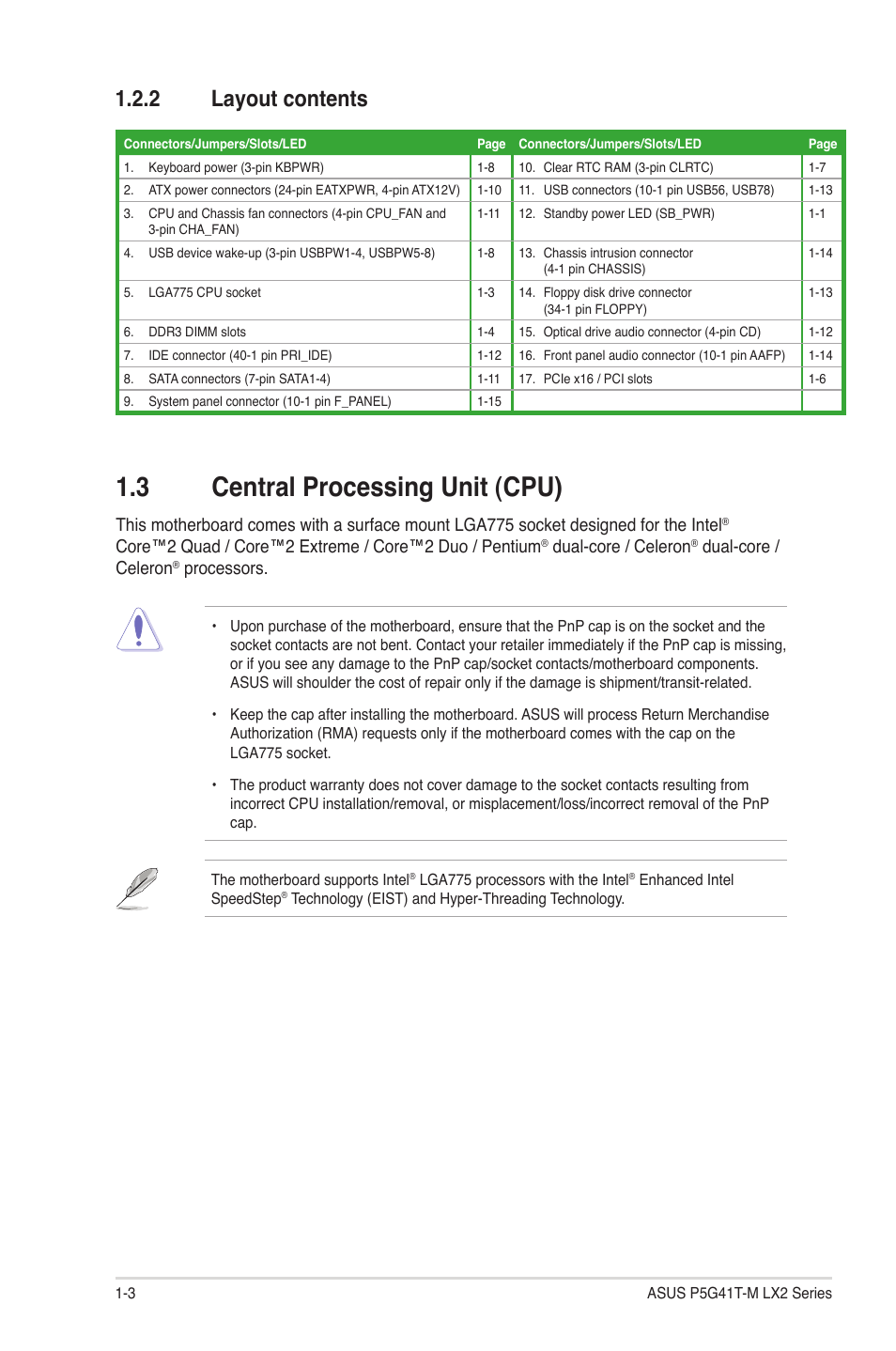 2 layout contents, 3 central processing unit (cpu), Layout contents -3 | Central processing unit (cpu) -3, Dual-core / celeron, Processors | Asus P5G41T-M LX2 User Manual | Page 12 / 40