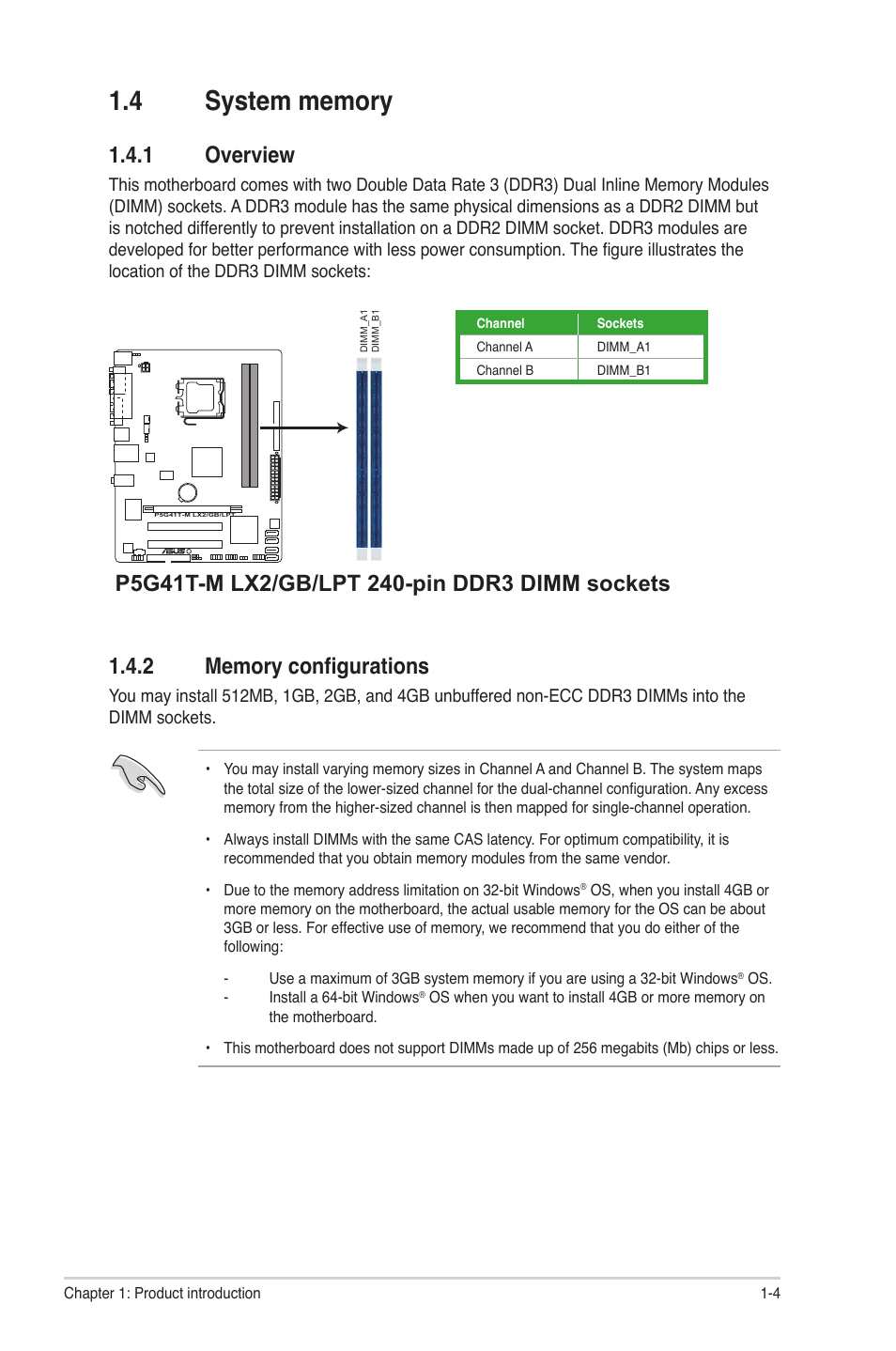 4 system memory, 1 overview, 2 memory configurations | System memory -4 1.4.1, Overview -4, Memory configurations -4 | Asus P5G41T-M LX2 User Manual | Page 13 / 40