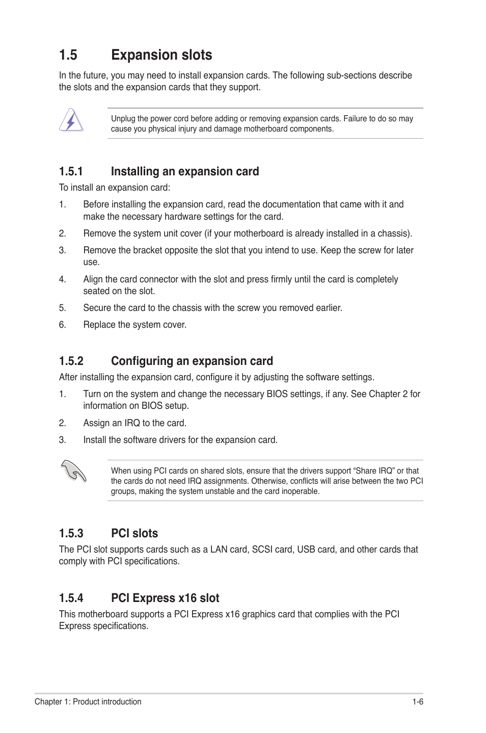 5 expansion slots, 1 installing an expansion card, 2 configuring an expansion card | 3 pci slots, 4 pci express x16 slot, Expansion slots -6 1.5.1, Installing an expansion card -6, Configuring an expansion card -6, Pci slots -6, Pci express x16 slot -6 | Asus P5G41T-M LX2 User Manual | Page 15 / 40