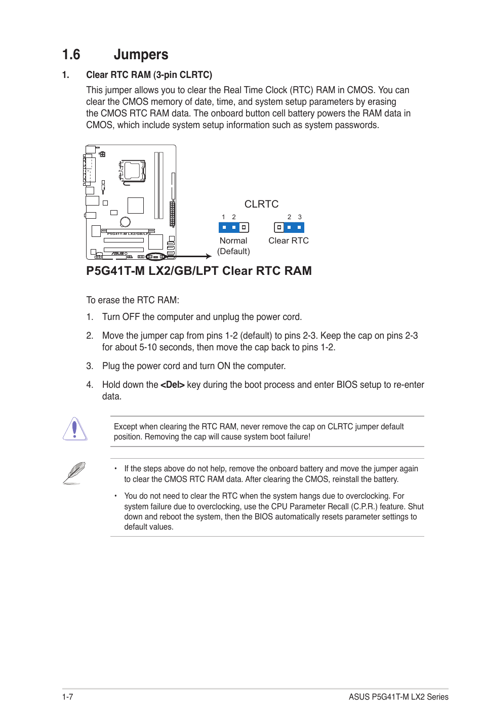 6 jumpers, Jumpers -7, P5g41t-m lx2/gb/lpt clear rtc ram | Asus P5G41T-M LX2 User Manual | Page 16 / 40