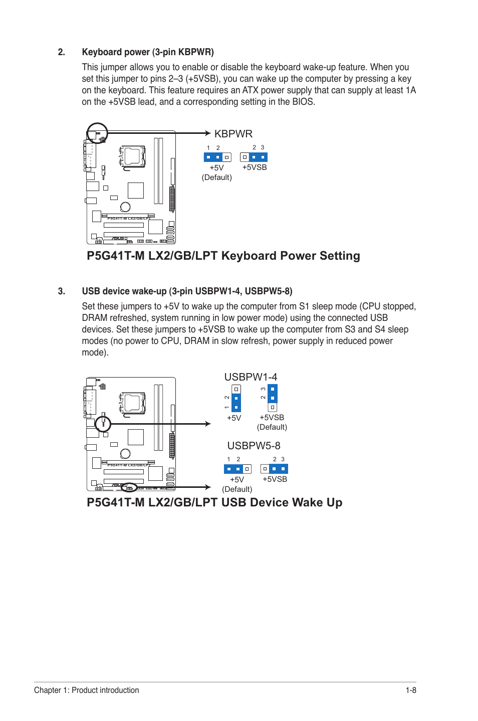 P5g41t-m lx2/gb/lpt keyboard power setting, P5g41t-m lx2/gb/lpt usb device wake up, Kbpwr | Usbpw5-8, Usbpw1-4 | Asus P5G41T-M LX2 User Manual | Page 17 / 40