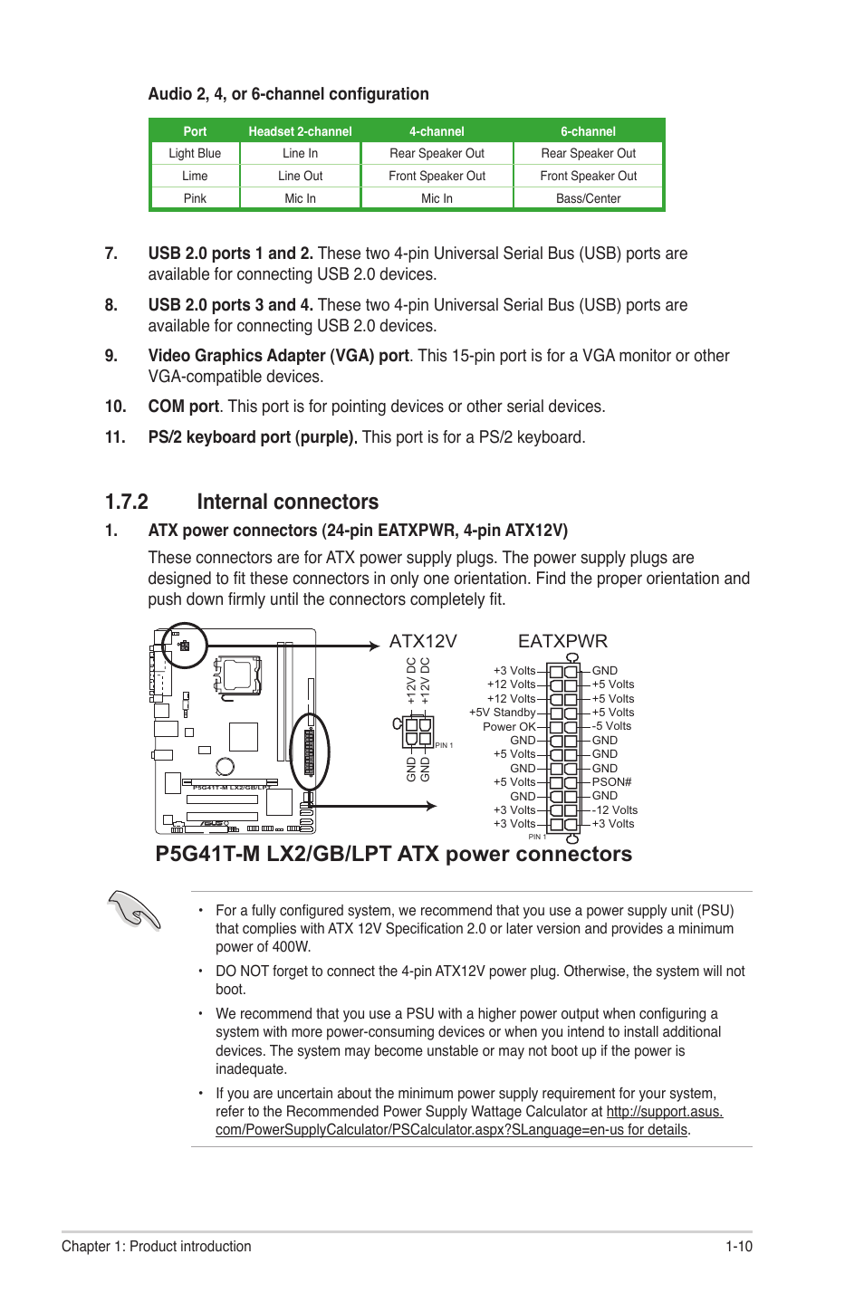 2 internal connectors, Internal connectors -10, P5g41t-m lx2/gb/lpt atx power connectors | Eatxpwr, Atx12v | Asus P5G41T-M LX2 User Manual | Page 19 / 40