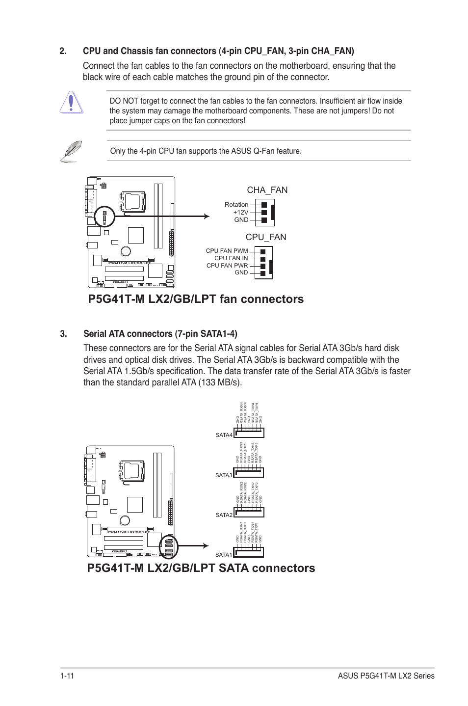 P5g41t-m lx2/gb/lpt fan connectors, P5g41t-m lx2/gb/lpt sata connectors, Cpu_fan | Cha_fan | Asus P5G41T-M LX2 User Manual | Page 20 / 40