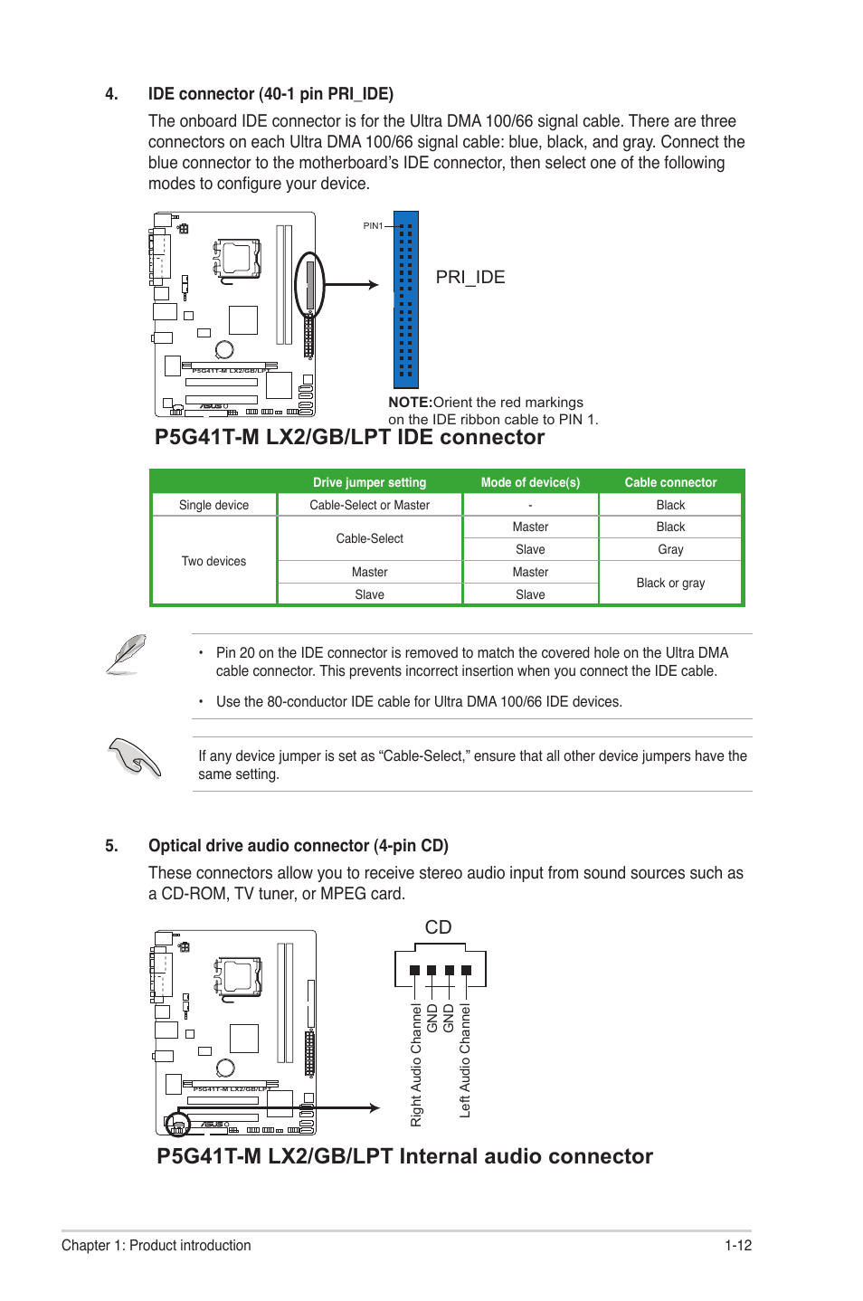 P5g41t-m lx2/gb/lpt ide connector, P5g41t-m lx2/gb/lpt internal audio connector, Pri_ide | Asus P5G41T-M LX2 User Manual | Page 21 / 40