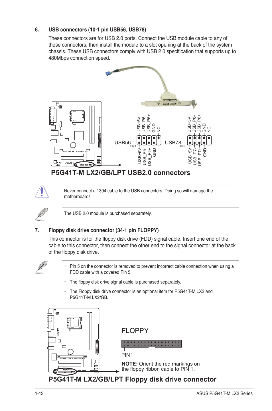 P5g41t-m lx2/gb/lpt floppy disk drive connector, Floppy | Asus P5G41T-M LX2 User Manual | Page 22 / 40