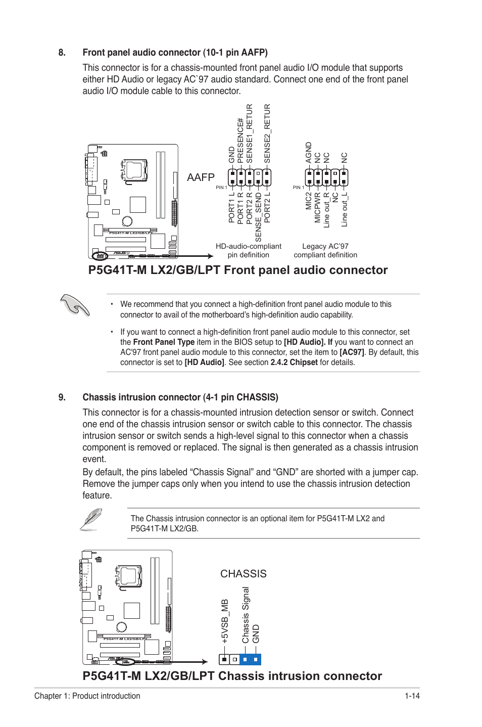 P5g41t-m lx2/gb/lpt front panel audio connector, P5g41t-m lx2/gb/lpt chassis intrusion connector, Aafp | Chassis | Asus P5G41T-M LX2 User Manual | Page 23 / 40