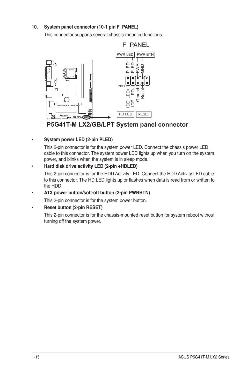 P5g41t-m lx2/gb/lpt system panel connector, F_panel | Asus P5G41T-M LX2 User Manual | Page 24 / 40