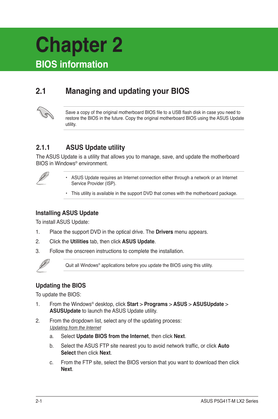 Chapter 2: bios information, 1 managing and updating your bios, 1 asus update utility | Bios information, Managing and updating your bios -1 2.1.1, Asus update utility -1, Chapter 2 | Asus P5G41T-M LX2 User Manual | Page 26 / 40