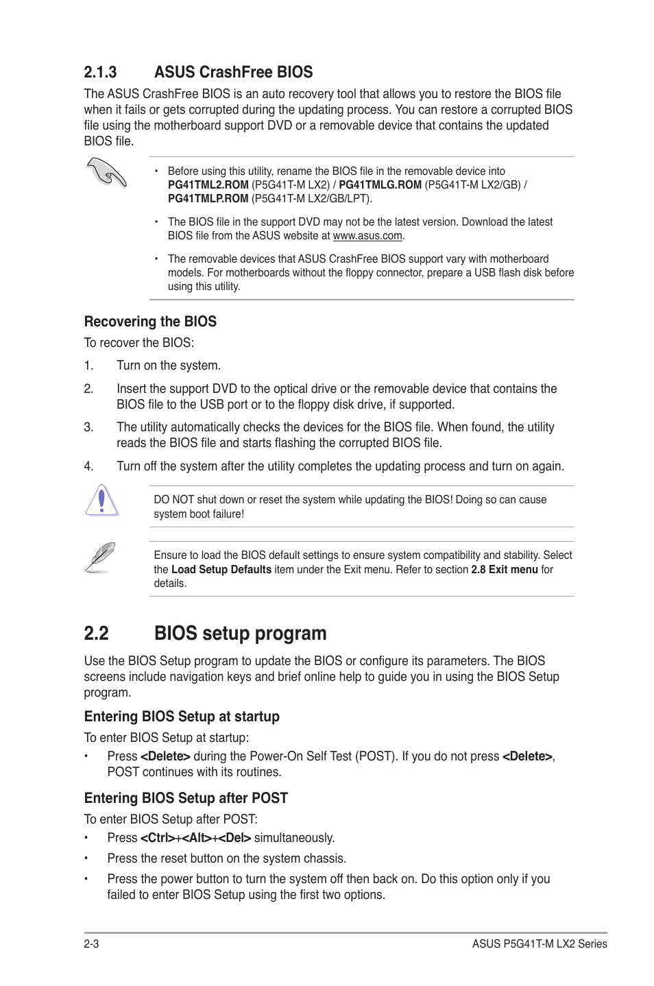 3 asus crashfree bios, 2 bios setup program, Asus crashfree bios -3 | Bios setup program -3 | Asus P5G41T-M LX2 User Manual | Page 28 / 40