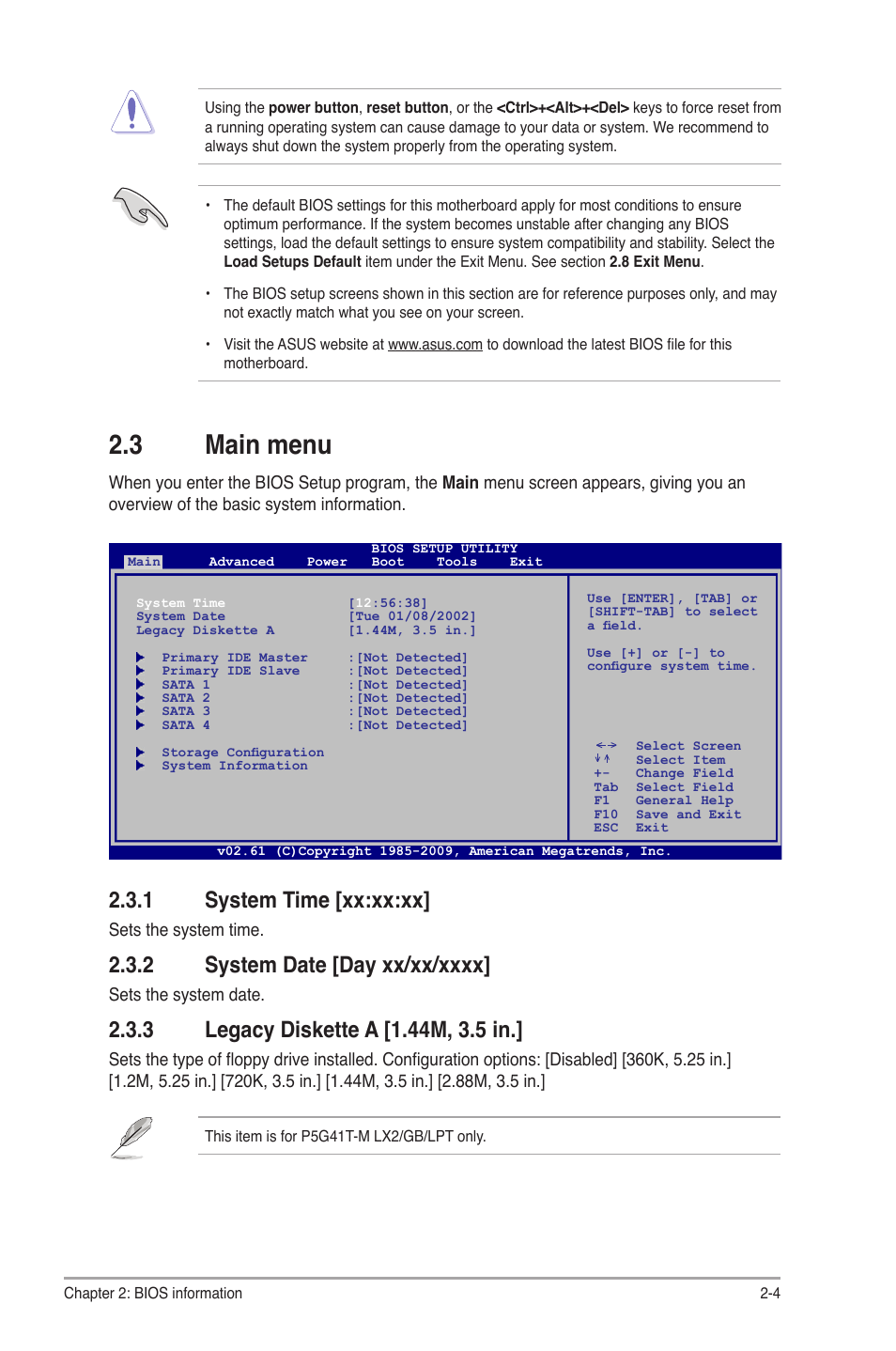 3 main menu, 1 system time, 2 system date | 3 legacy diskette a, Main menu -4 2.3.1, System time -4, System date -4, Legacy diskette a -4, 1 system time [xx:xx:xx | Asus P5G41T-M LX2 User Manual | Page 29 / 40