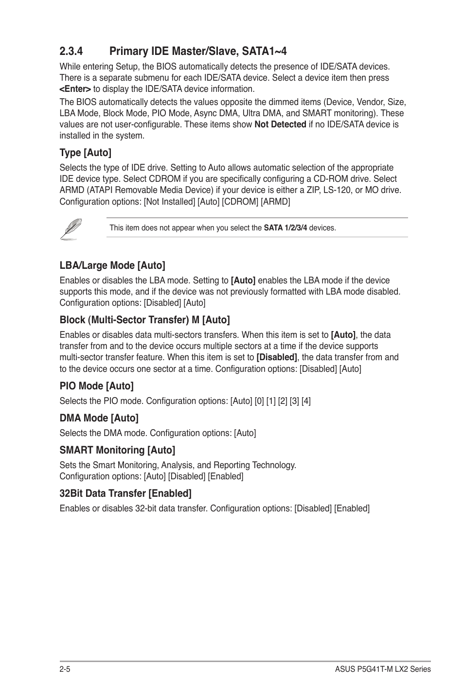 4 primary ide master/slave, sata1~4, Primary ide master/slave, sata1~4 -5 | Asus P5G41T-M LX2 User Manual | Page 30 / 40